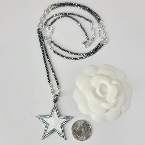 White Enamel Star Pave CZ long Hematite Necklace - Picture 11 of 11